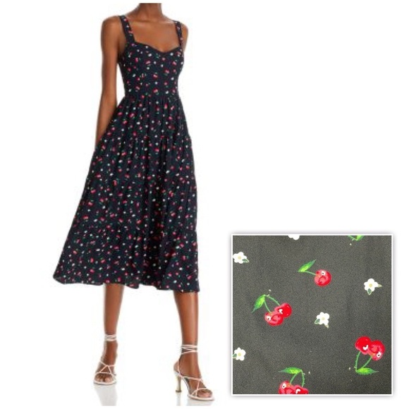 NWT Aqua Floral Cherry Print Sleeveless Midi Dress Black Sweetheart Rockabilly S - Picture 1 of 16